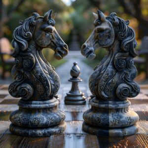 Zwei Schachfiguren, Springer, stehen sich gegenüber